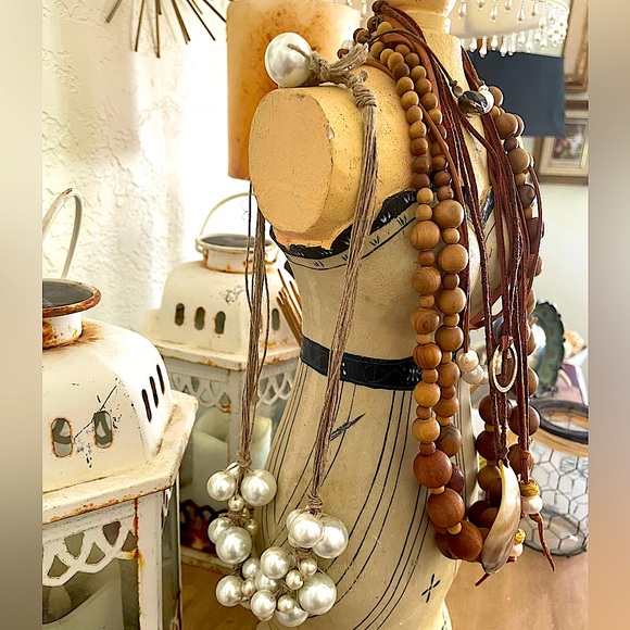 Gorgeous Nature Natural Wooden Bead Necklace Collection w Pearls, Abalone, Jute - Picture 11 of 12